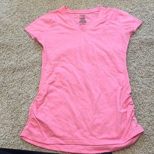 Danskin Now semi fitted pink athletic v-neck shirt with ruched details